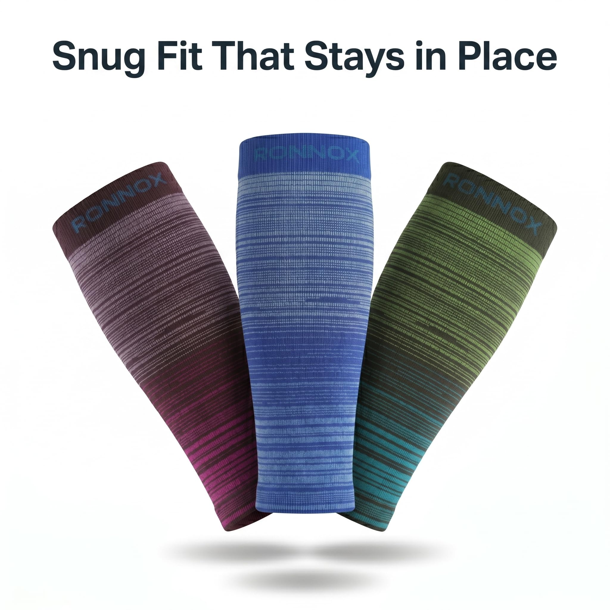 Three ribbed compression sleeves from Ronnox are shown against a white background with the text 'Snug Fit That Stays in Place' at the top. The sleeves feature gradient designs in purple, blue, and green.