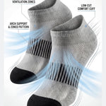 Gray ankle socks with black toes and soles, featuring text on features.