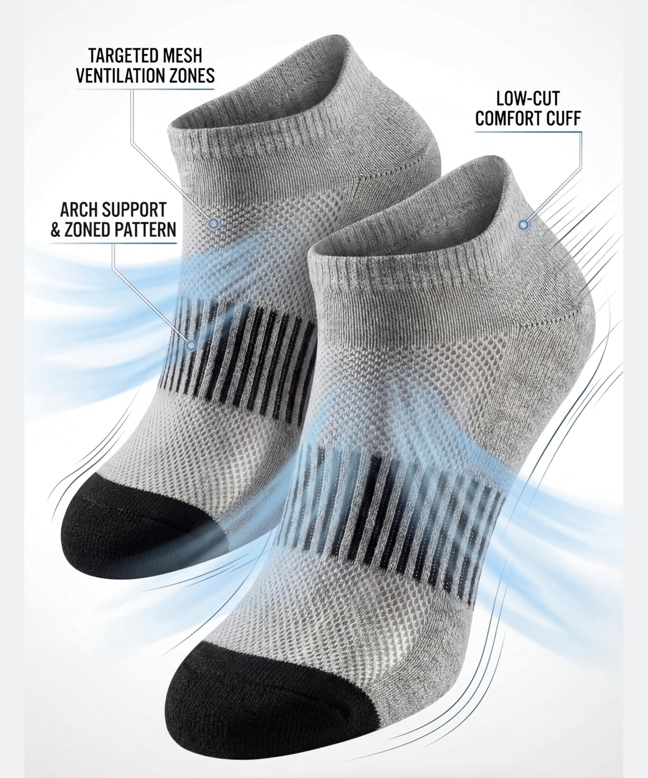 Gray ankle socks with black toes and soles, featuring text on features.