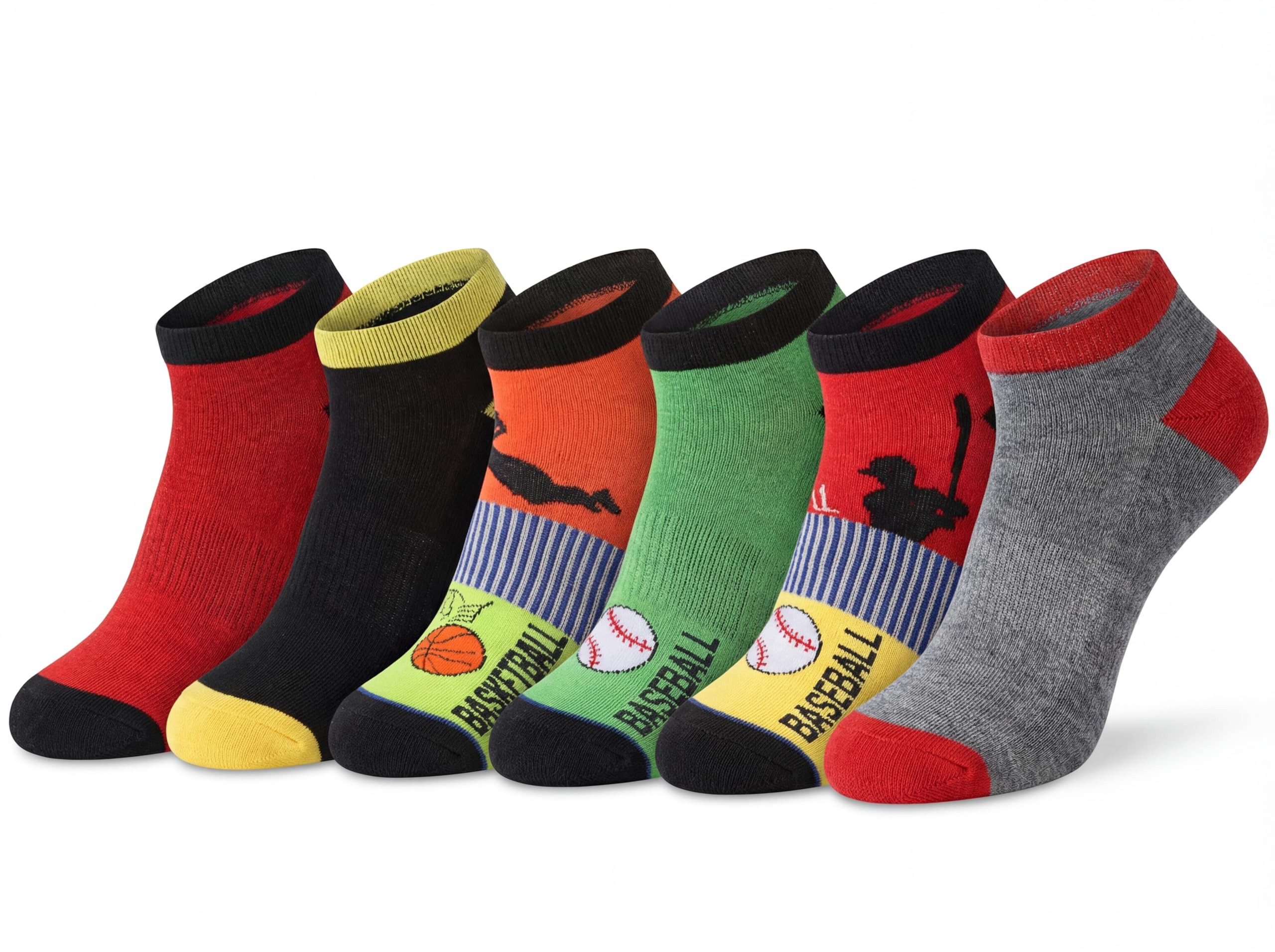Six pairs of low-cut athletic socks arranged in a row on a white background. Each pair features a different sports theme: red, black, yellow, orange, green, and gray, with baseball and basketball graphics and the word 'BASEBALL' printed on the foot.