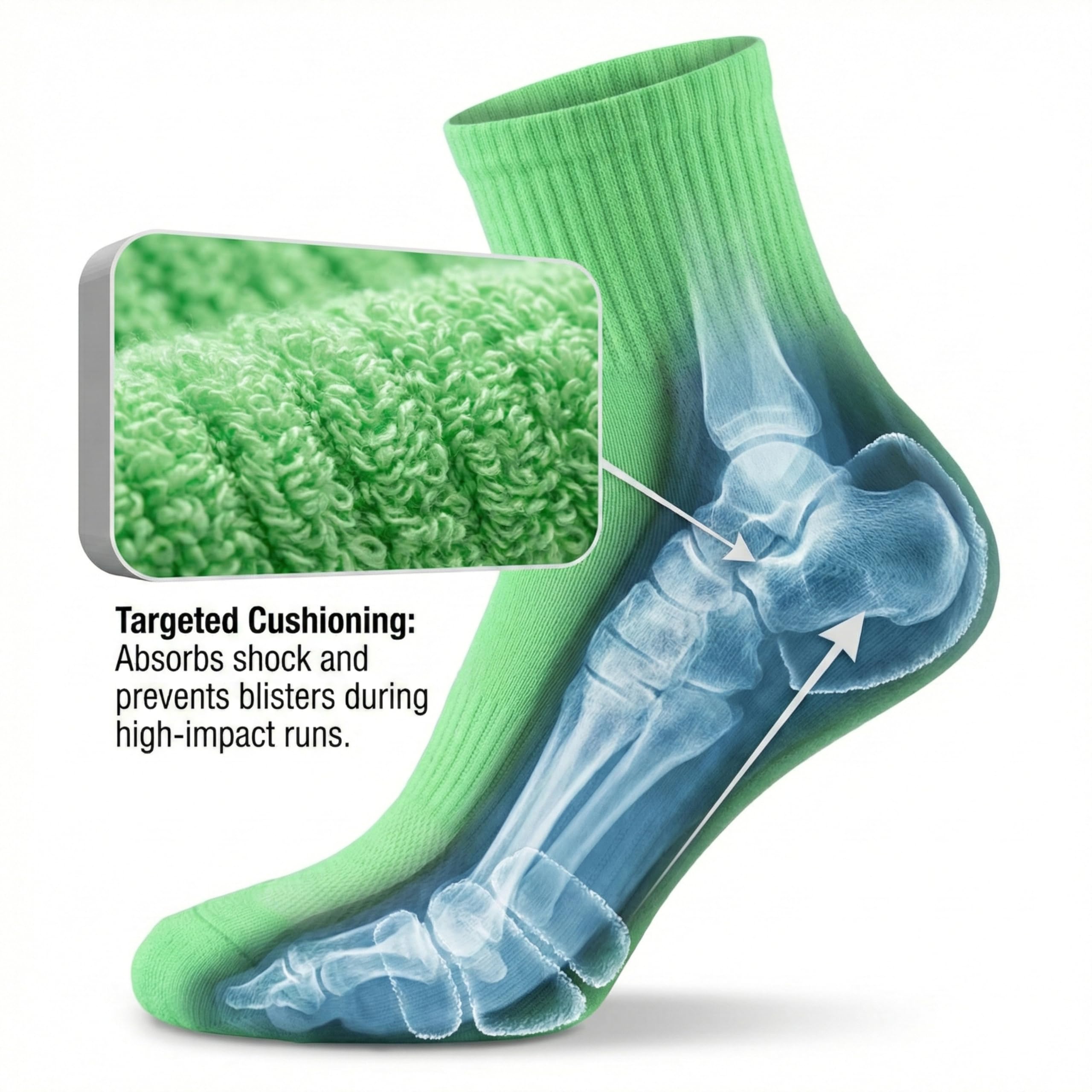 Green sock with targeted cushioning feature and close-up of texture, labeled 'Absorbs shock and prevents blisters during high-impact runs'.