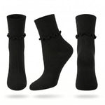 Three black ankle socks with a ruffled trim at the ribbed cuff, shown from different angles on a white background.