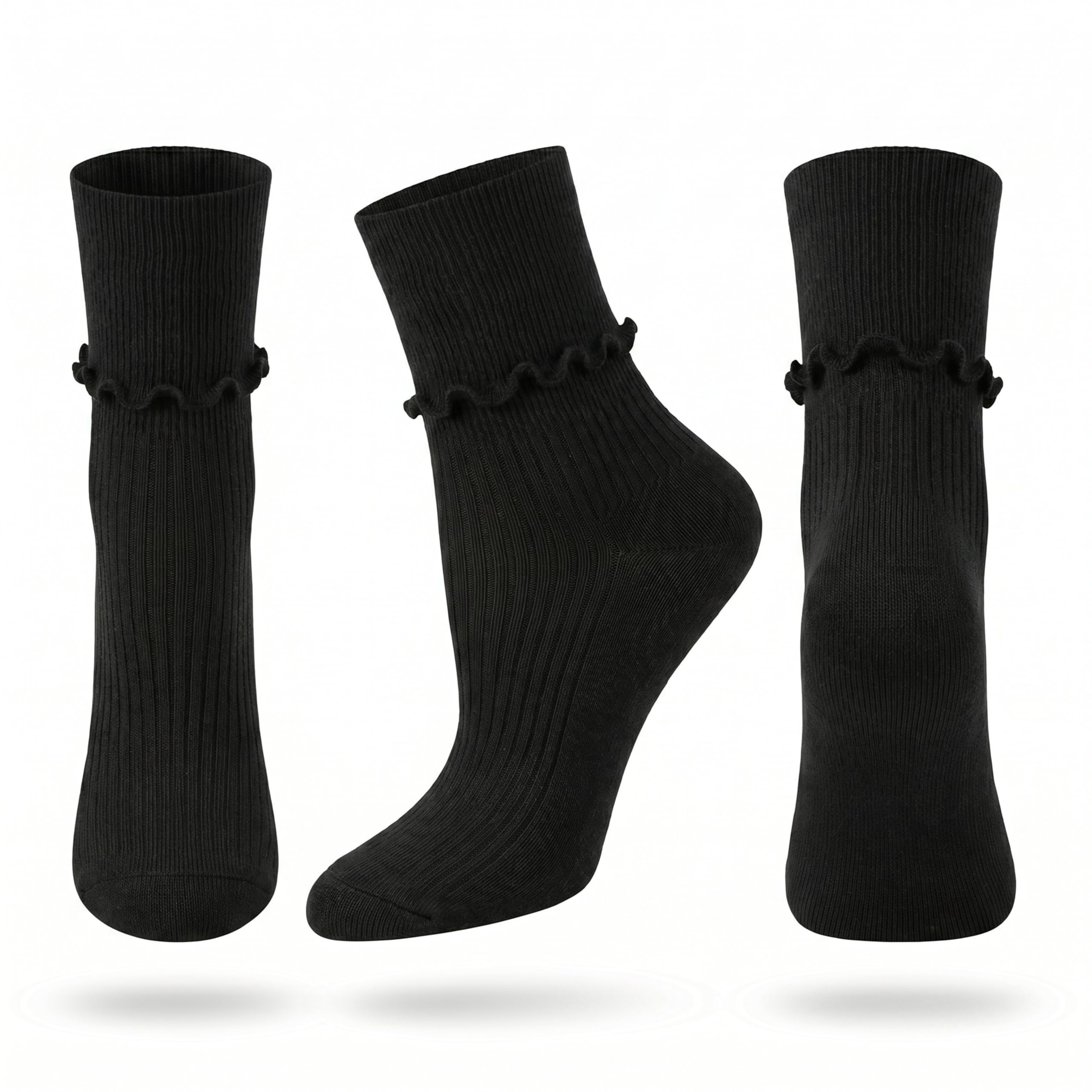 Three black ankle socks with a ruffled trim at the ribbed cuff, shown from different angles on a white background.