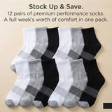 12 pairs of premium performance socks in black, gray, and white on a beige background with promotional text.