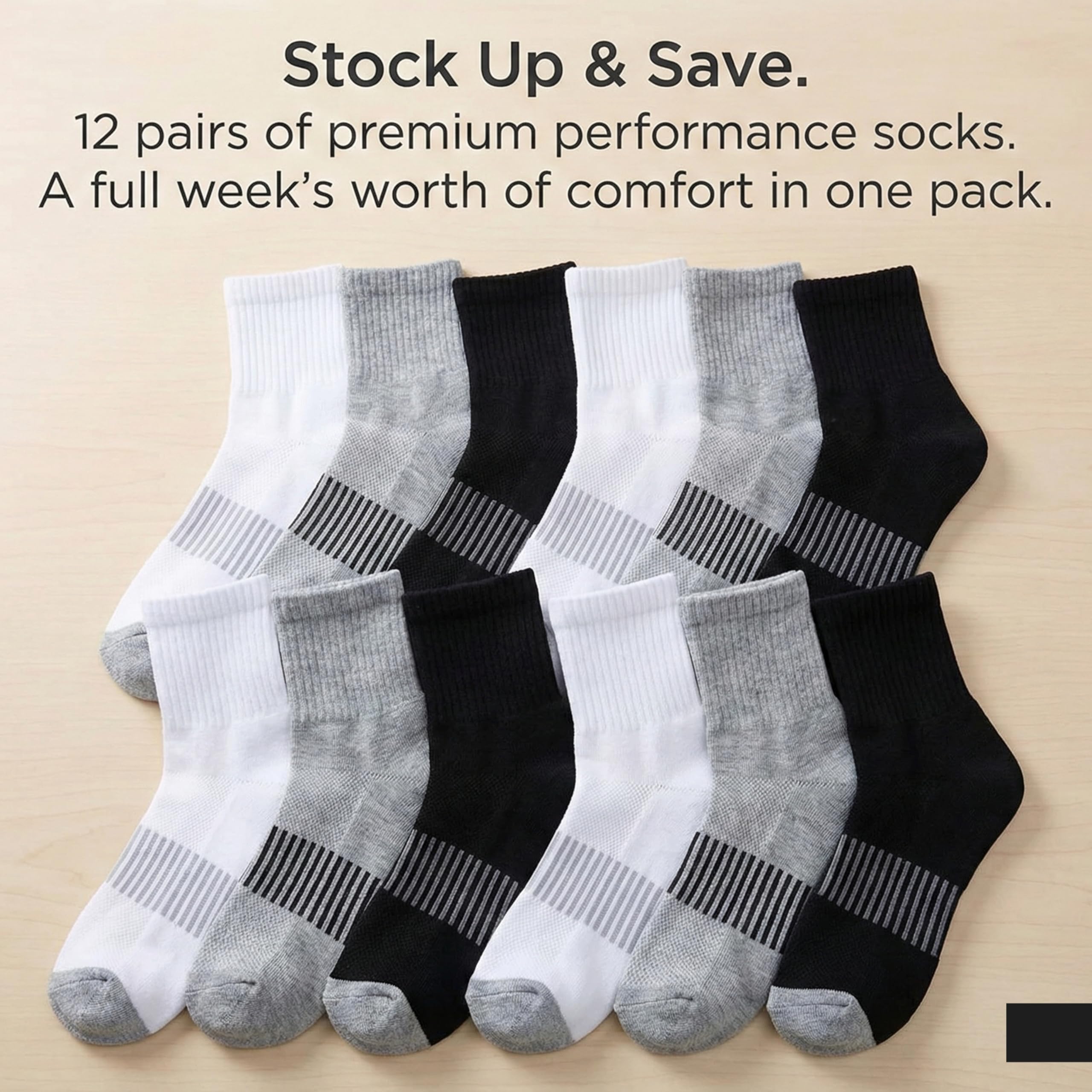 12 pairs of premium performance socks in black, gray, and white on a beige background with promotional text.
