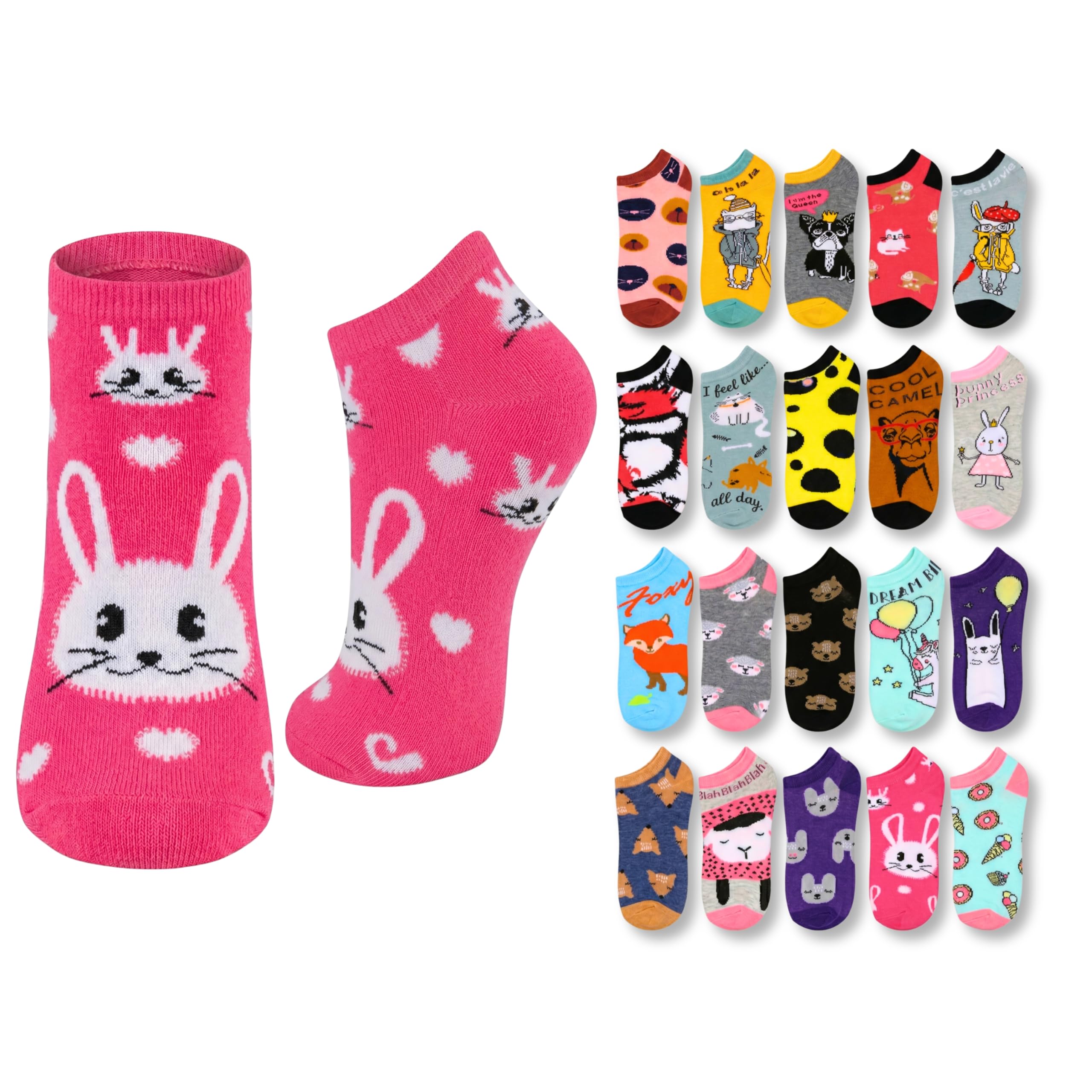 A set of colorful novelty ankle socks displayed on a white background, featuring a large pink bunny design on one sock and a grid of smaller socks with various cartoon animal and food patterns.
