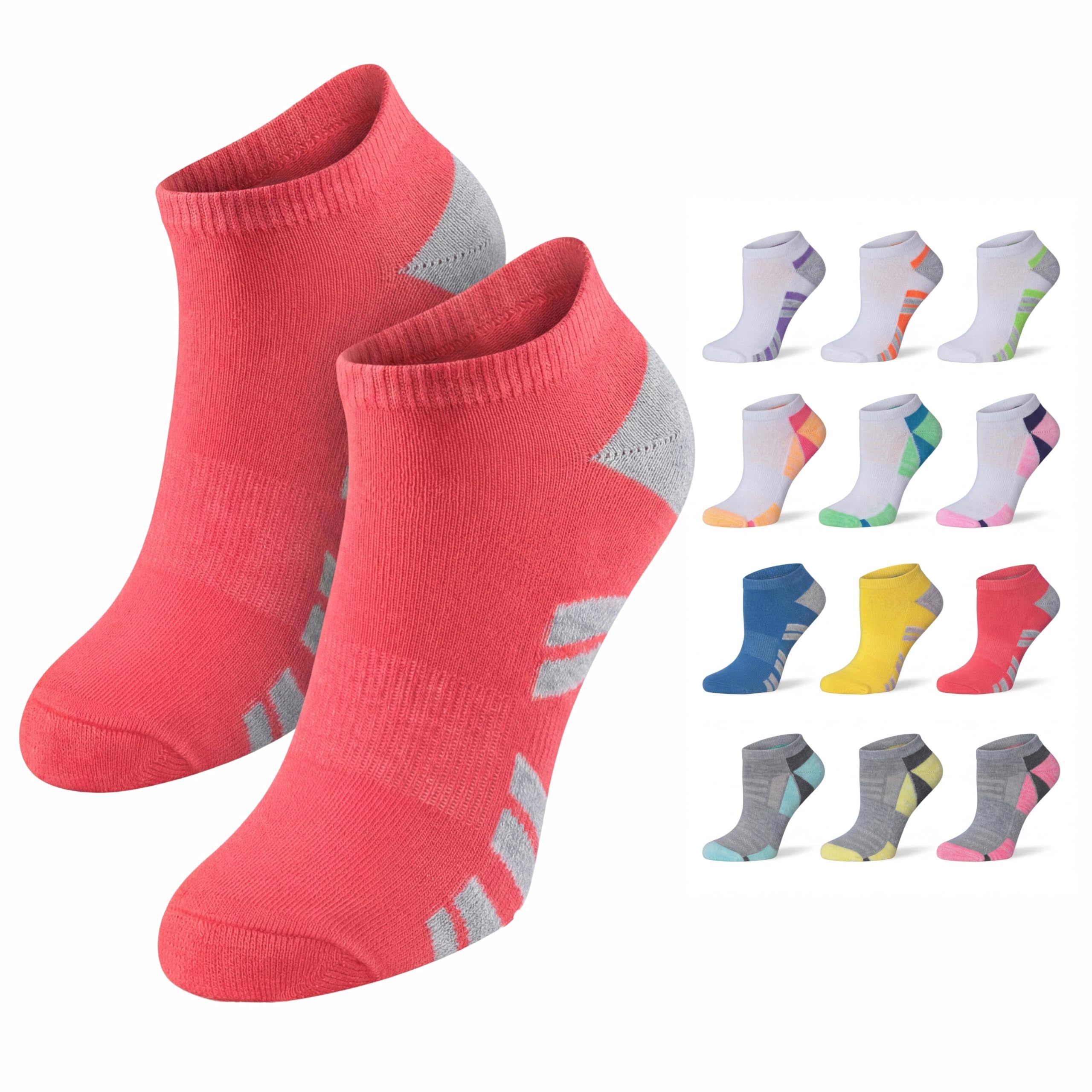 Red socks with gray accents on a white background, surrounded by smaller pairs of colorful socks.