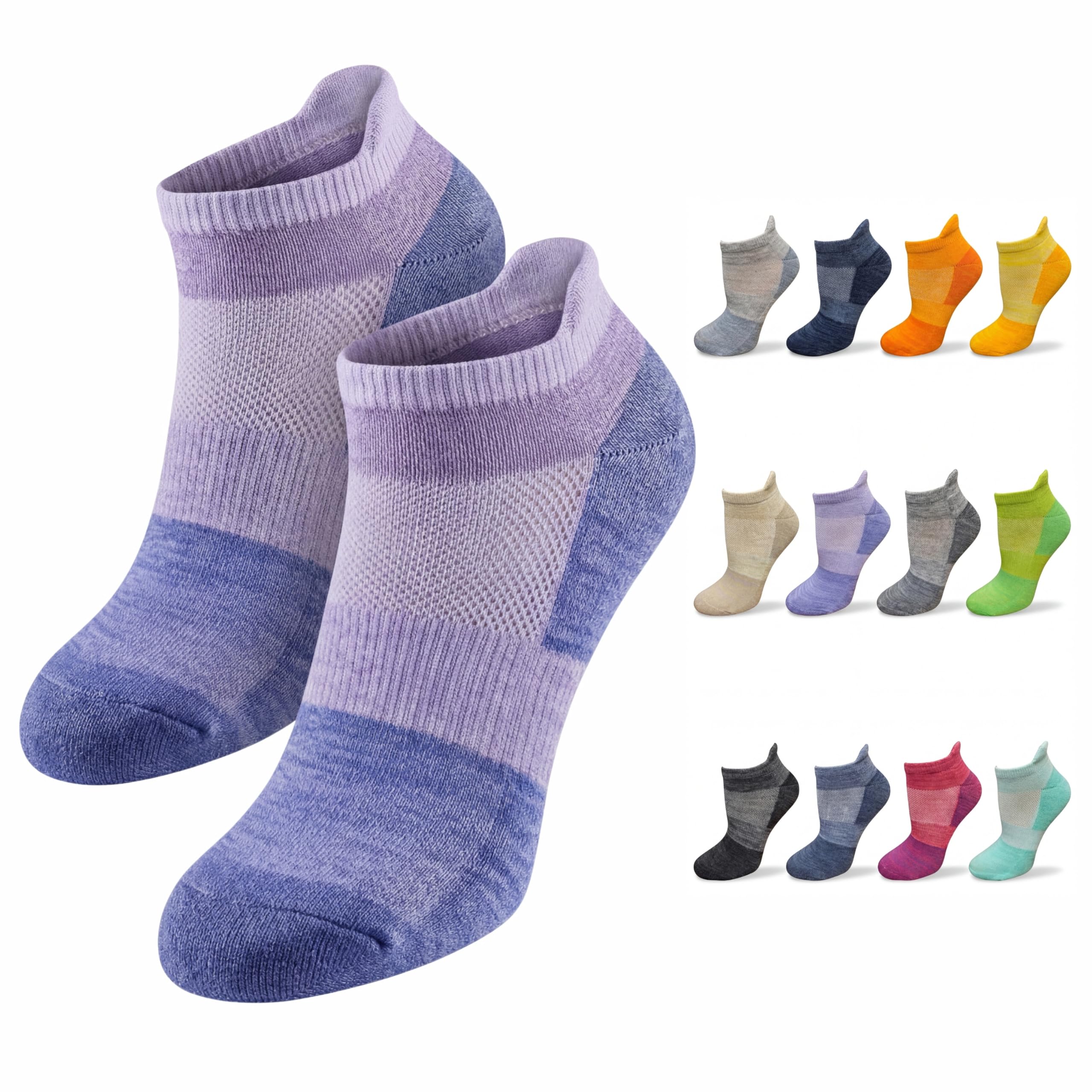 Pair of purple and blue socks with additional pairs in various colors on a white background