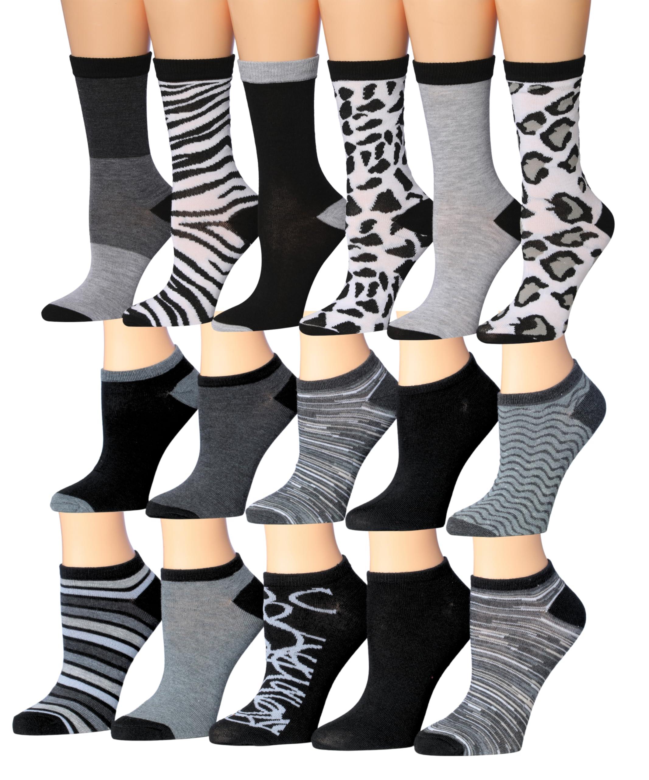 Tipi Toe Women's 16 Pack Zebra and Leopard Parade Colorful Patterned Low Cut & Crew Socks - Tipi Toe Socks