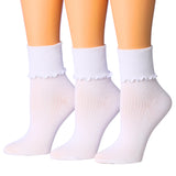 Tipi Toe Womens White Solid Lettuce Edge Lightweight Crew Length With Cuff Ruffle Socks For Women
