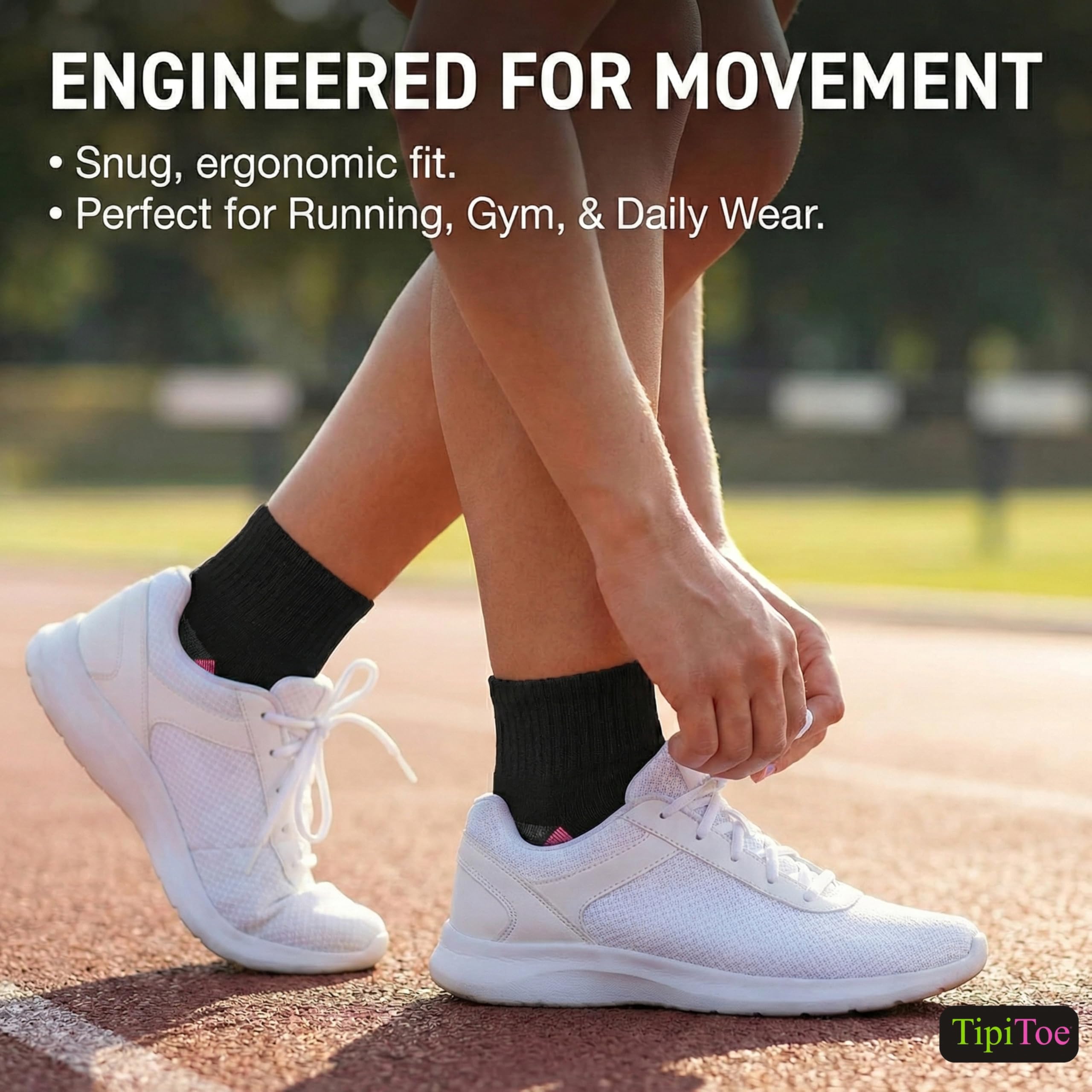 Person wearing white sneakers on a running track with text about snug, ergonomic fit and suitability for various activities.