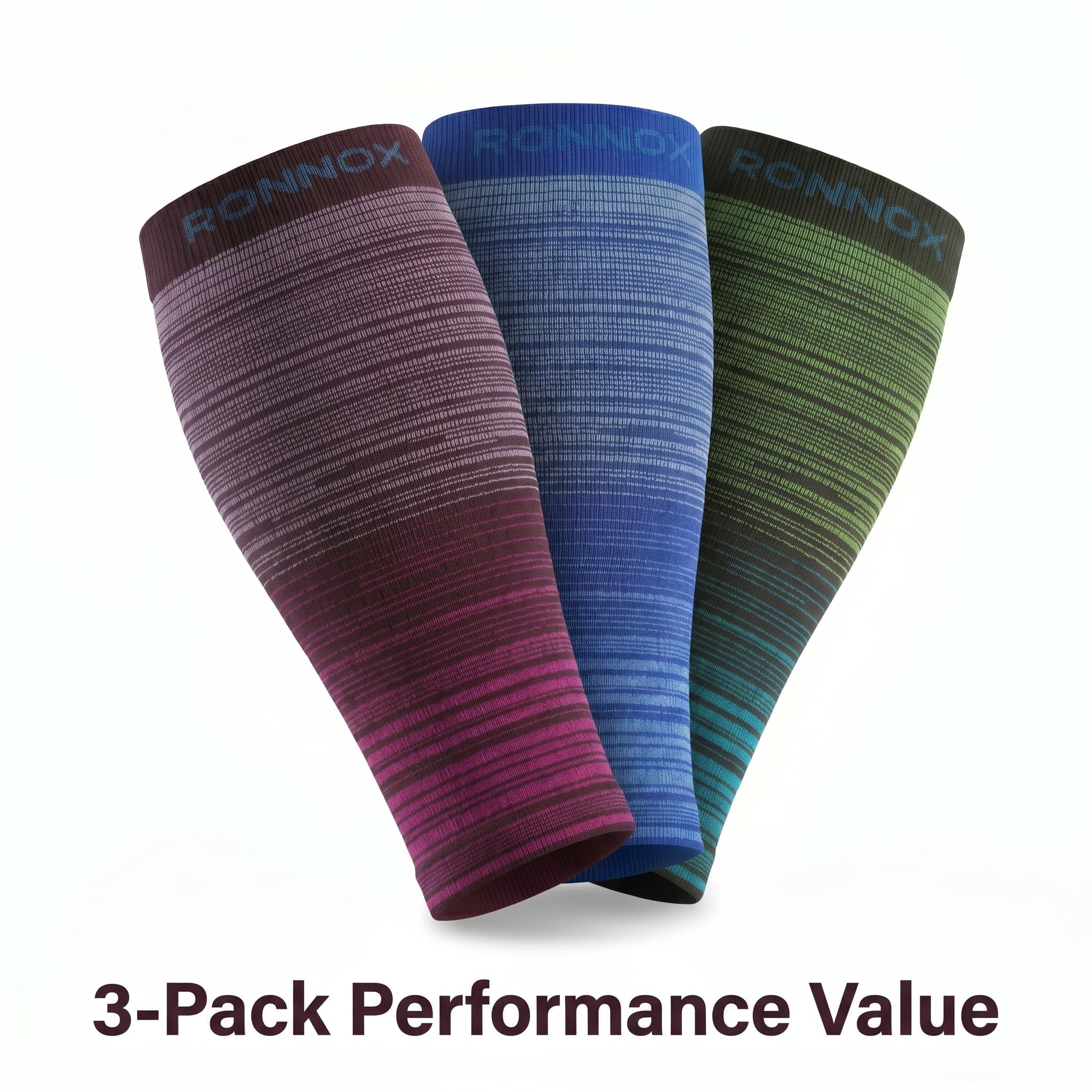 Three athletic compression sleeves from Ronnox are shown in a 3-pack on a white background with the text '3-Pack Performance Value' at the bottom. The sleeves feature gradient color designs: a dark brown to purple, a blue to light blue, and a green to teal gradient.