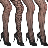 Women's 6-Pack Fishnet Lace Sheer Black Assorted with Delicate Patterns Pantyhose Tights, One Size Fits Most
