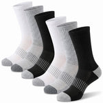Five pairs of crew socks arranged in a fan shape on a white background. The set includes white, black, and light gray socks with striped knit patterns on the lower leg and gray toes and heels.