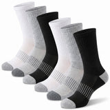 Five pairs of crew socks arranged in a fan shape on a white background. The set includes white, black, and light gray socks with striped knit patterns on the lower leg and gray toes and heels.