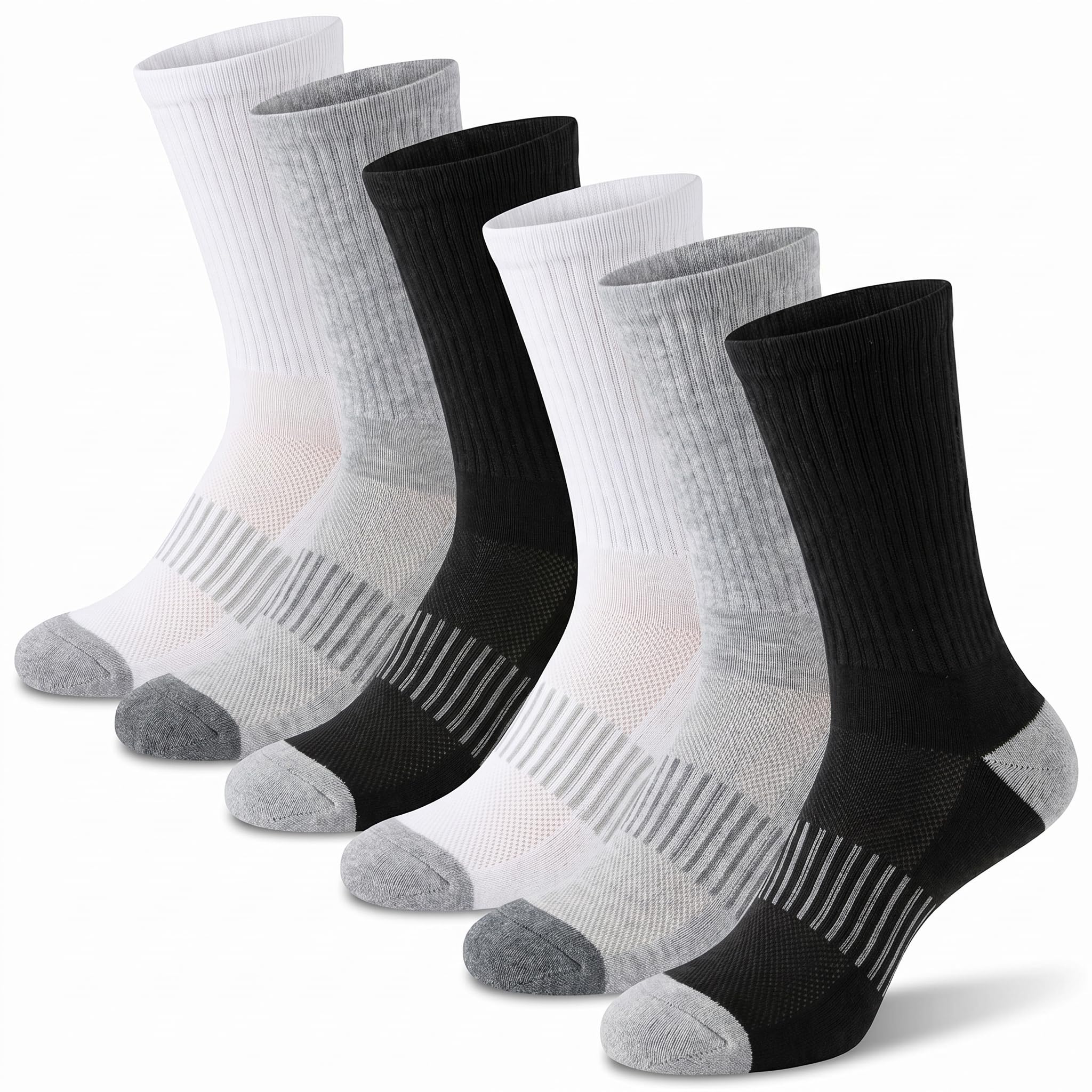 Five pairs of crew socks arranged in a fan shape on a white background. The set includes white, black, and light gray socks with striped knit patterns on the lower leg and gray toes and heels.