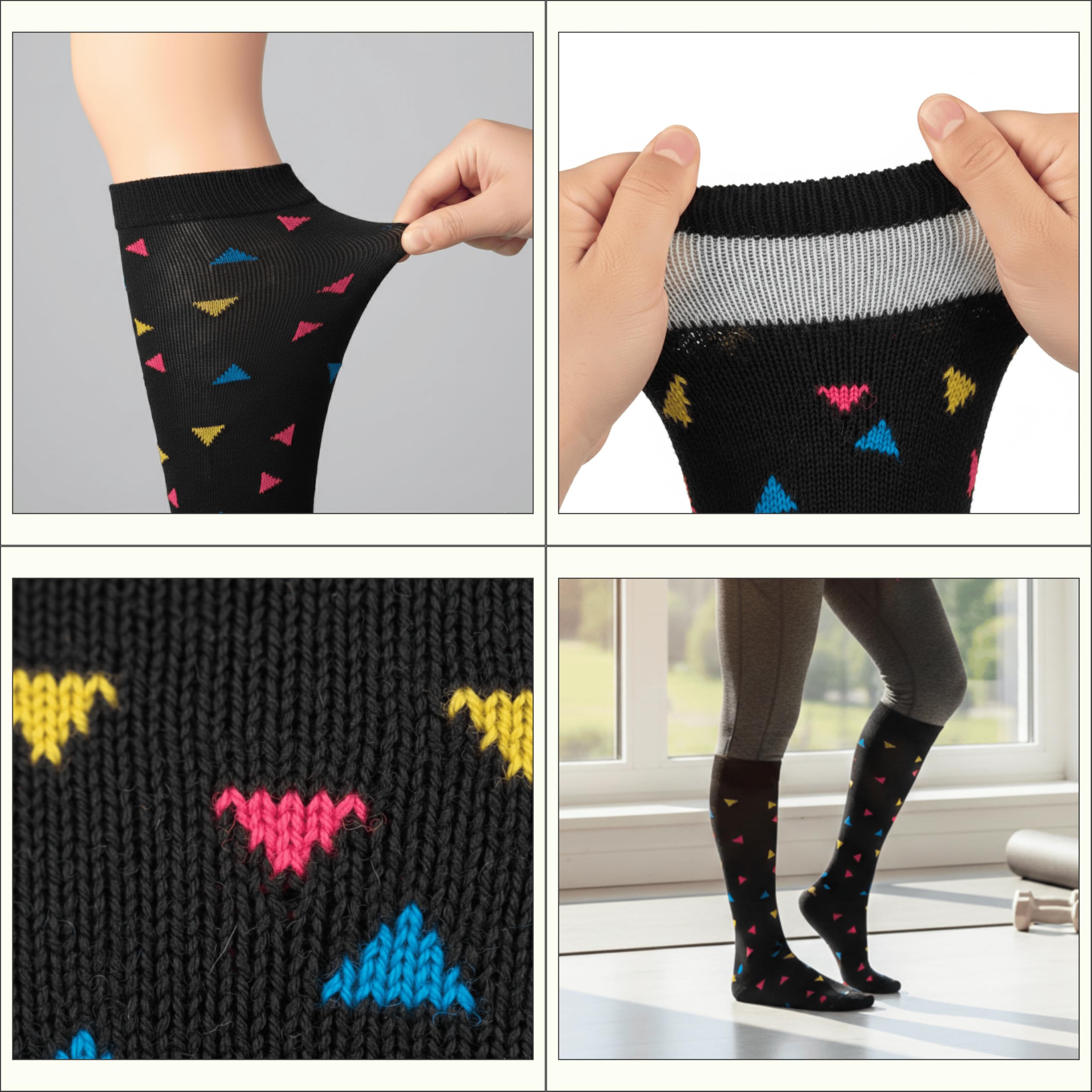 Black knee-high socks with colorful heart patterns, shown from different angles.