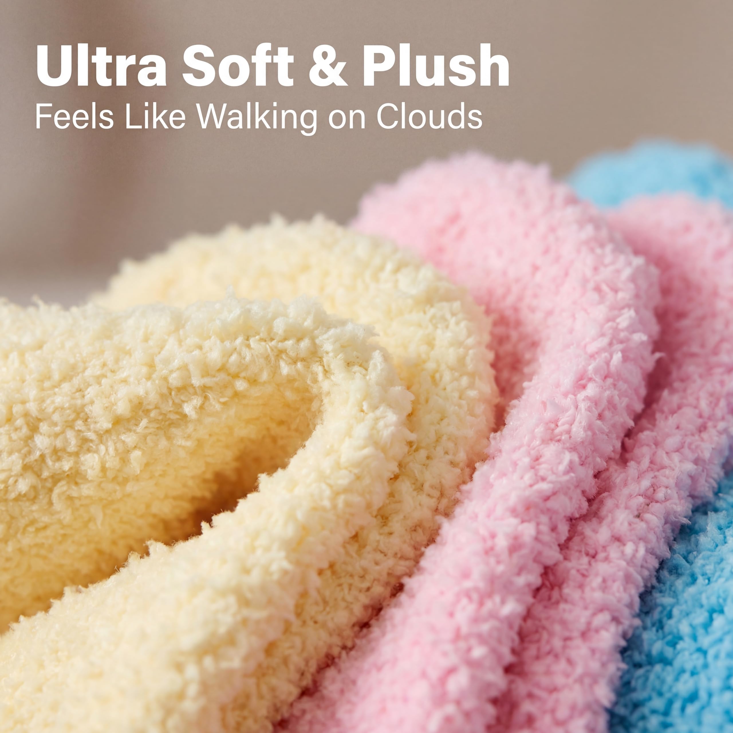 Ultra soft and plush fabric in various colors with text 'Ultra Soft & Plush Feels Like Walking on Clouds'.