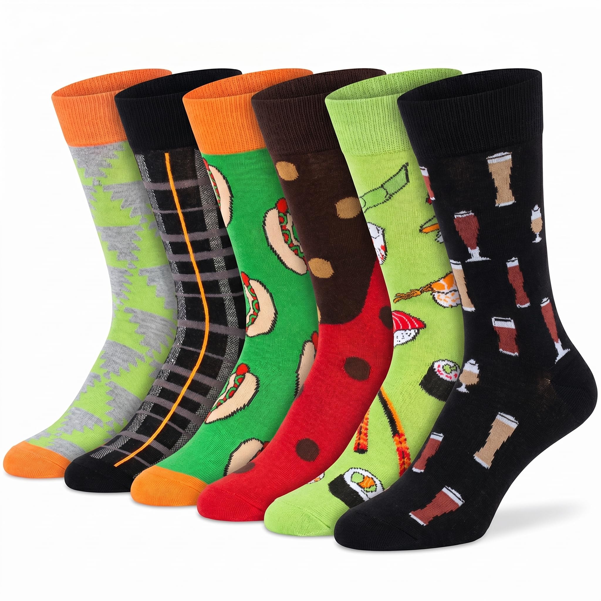 Six pairs of novelty crew socks arranged in a fan shape on a white background. The socks feature various colorful patterns including a gray and lime green tree, a black and gray plaid design, a green and tan hot dog design, a red and brown chocolate chip cookie design, a lime green sushi design, and a black beer glass pattern.