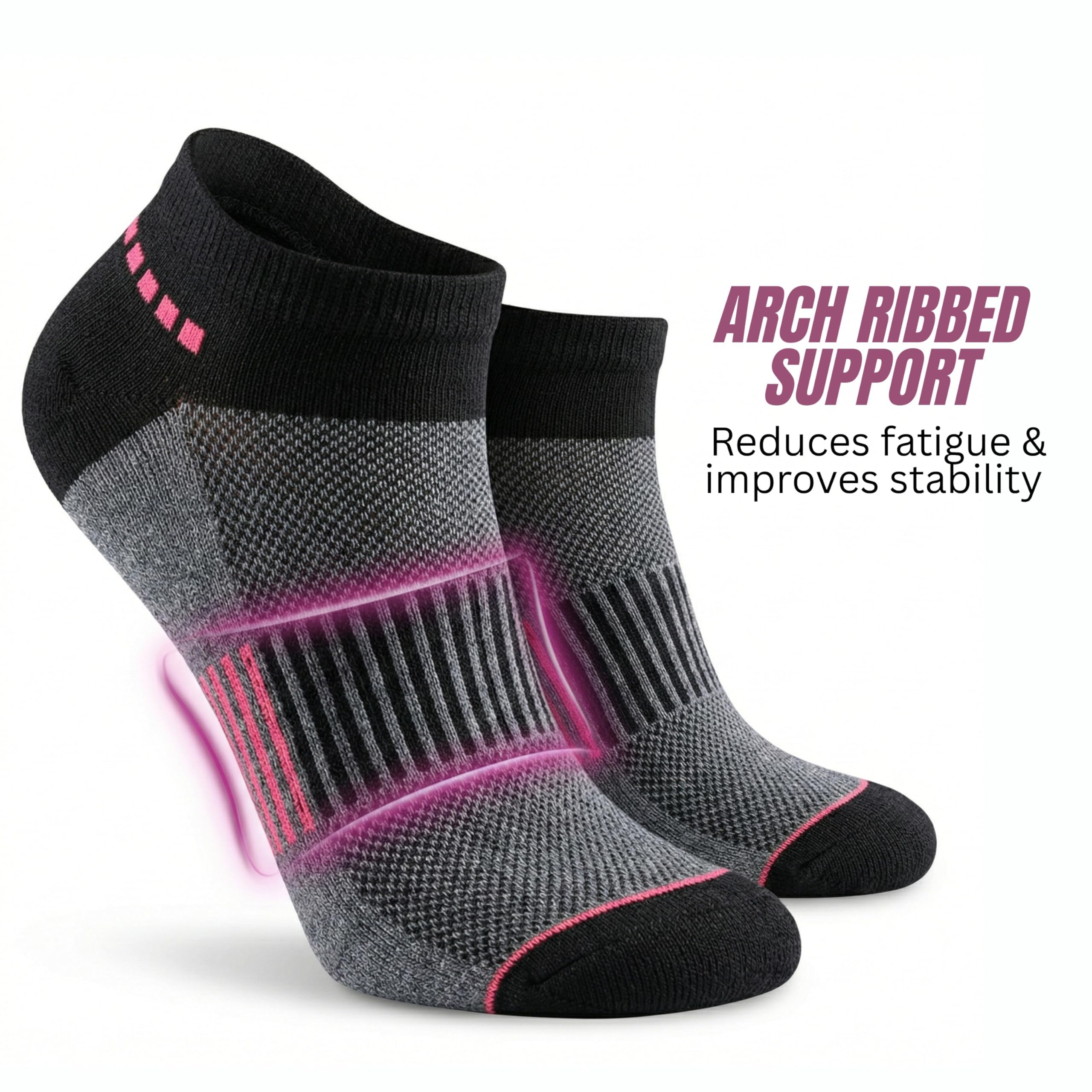 Gray and black athletic socks with pink accents on a white background