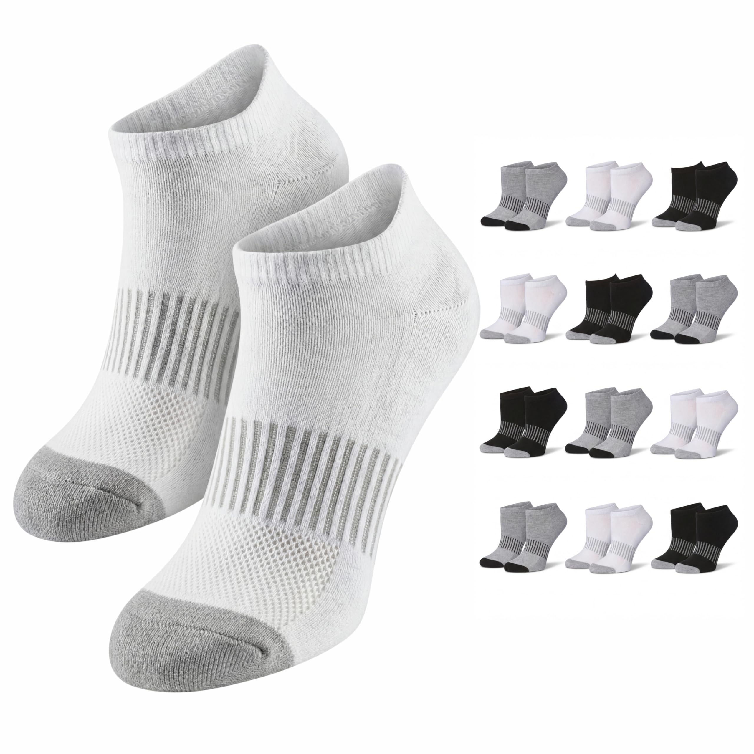 White ankle socks with gray accents on a white background, shown in multiple color variations.