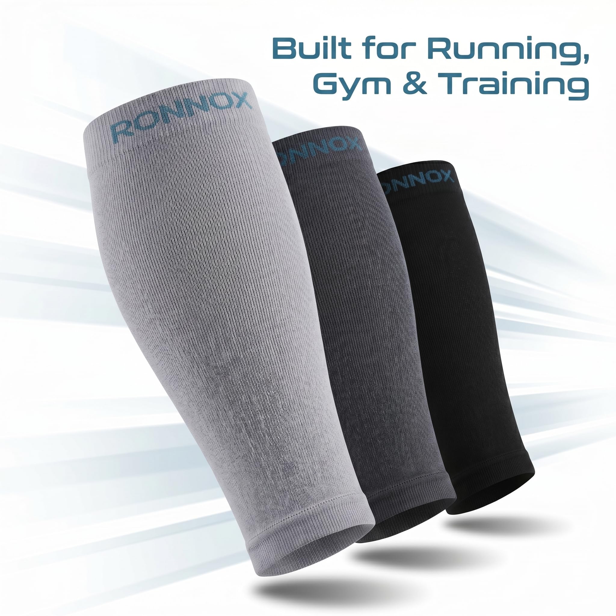 Three ribbed compression calf sleeves in light gray, dark gray, and black, shown in a floating arrangement with the brand name 'RONNOX' printed in blue on the top cuff of each sleeve. The background is white with light blue graphic streaks and the text 'Built for Running, Gym & Training' at the top right.