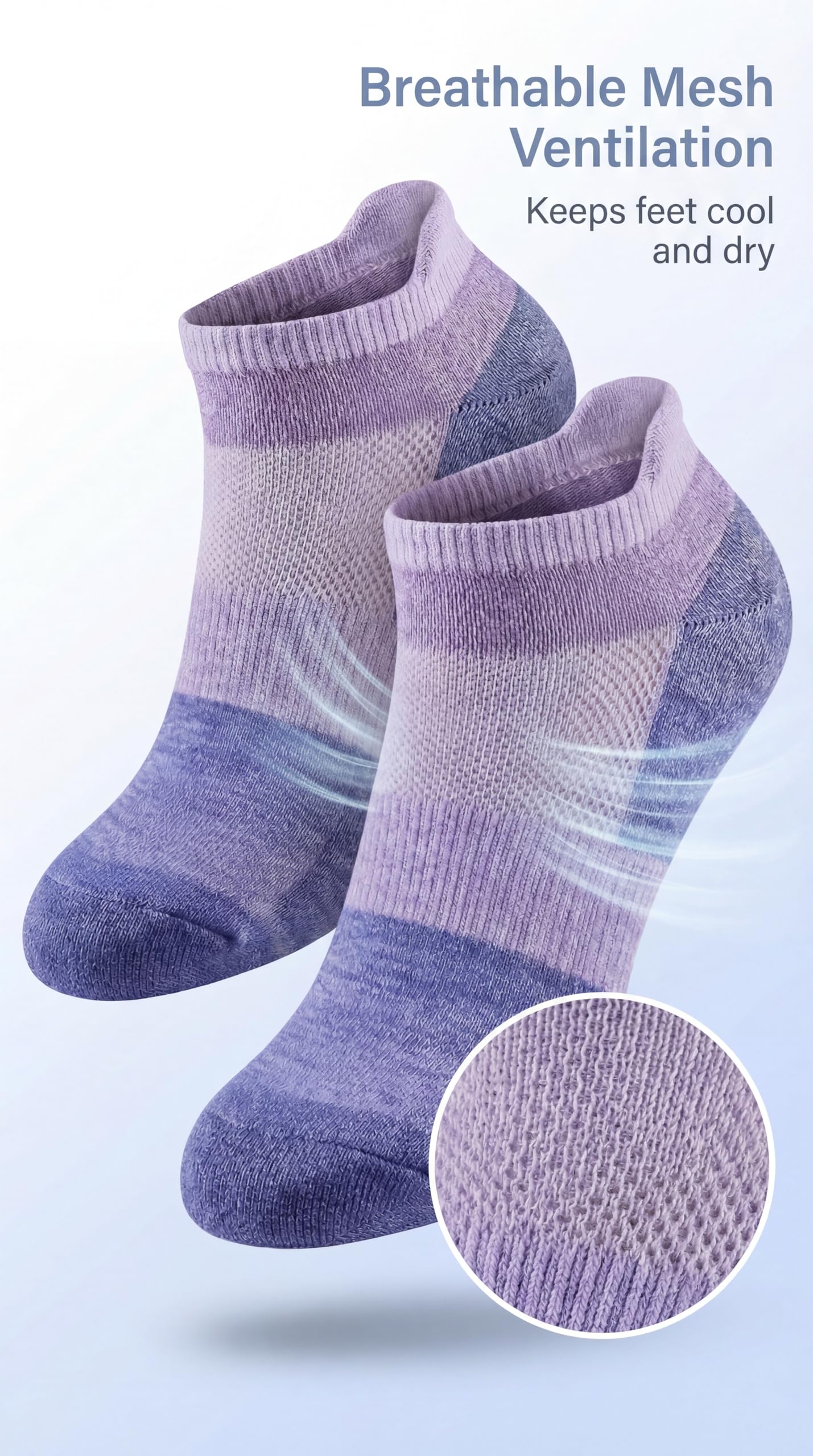 Pair of purple and gray socks with breathable mesh ventilation on a light blue background.