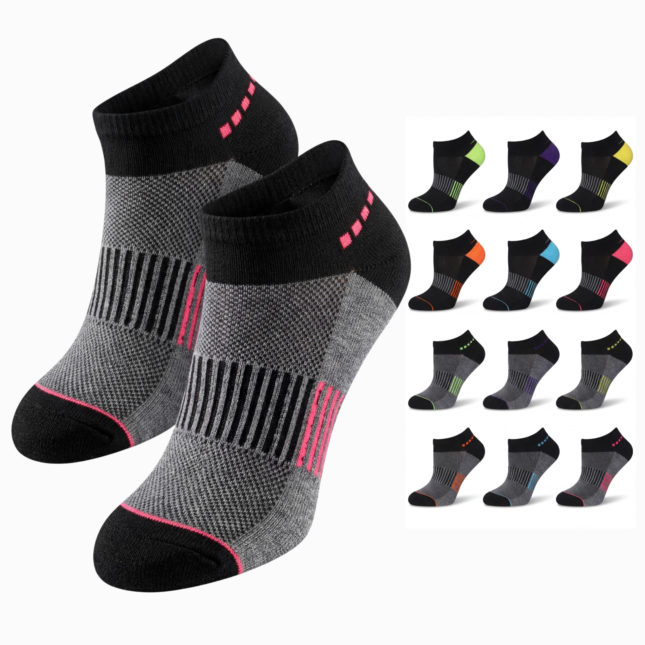 Gray and black socks with pink accents on a white background