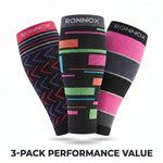 Three Ronnox compression sleeves displayed together on a white background with the text '3-PACK PERFORMANCE VALUE' at the bottom. The sleeves feature various colorful geometric and striped patterns on black, pink, gray, and purple bases.