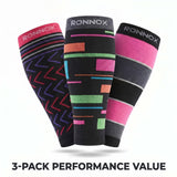 Three Ronnox compression sleeves displayed together on a white background with the text '3-PACK PERFORMANCE VALUE' at the bottom. The sleeves feature various colorful geometric and striped patterns on black, pink, gray, and purple bases.