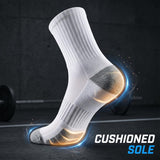 A single white athletic sock shown on a stylized foot against a dark gym floor background, with glowing blue and orange highlights indicating cushioned sole technology. The words 'CUSHIONED SOLE' appear in the lower right.