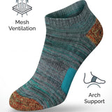 A single low-cut athletic sock shown on a white background with marketing text and feature icons for mesh ventilation, arch support, and cushioned sole.