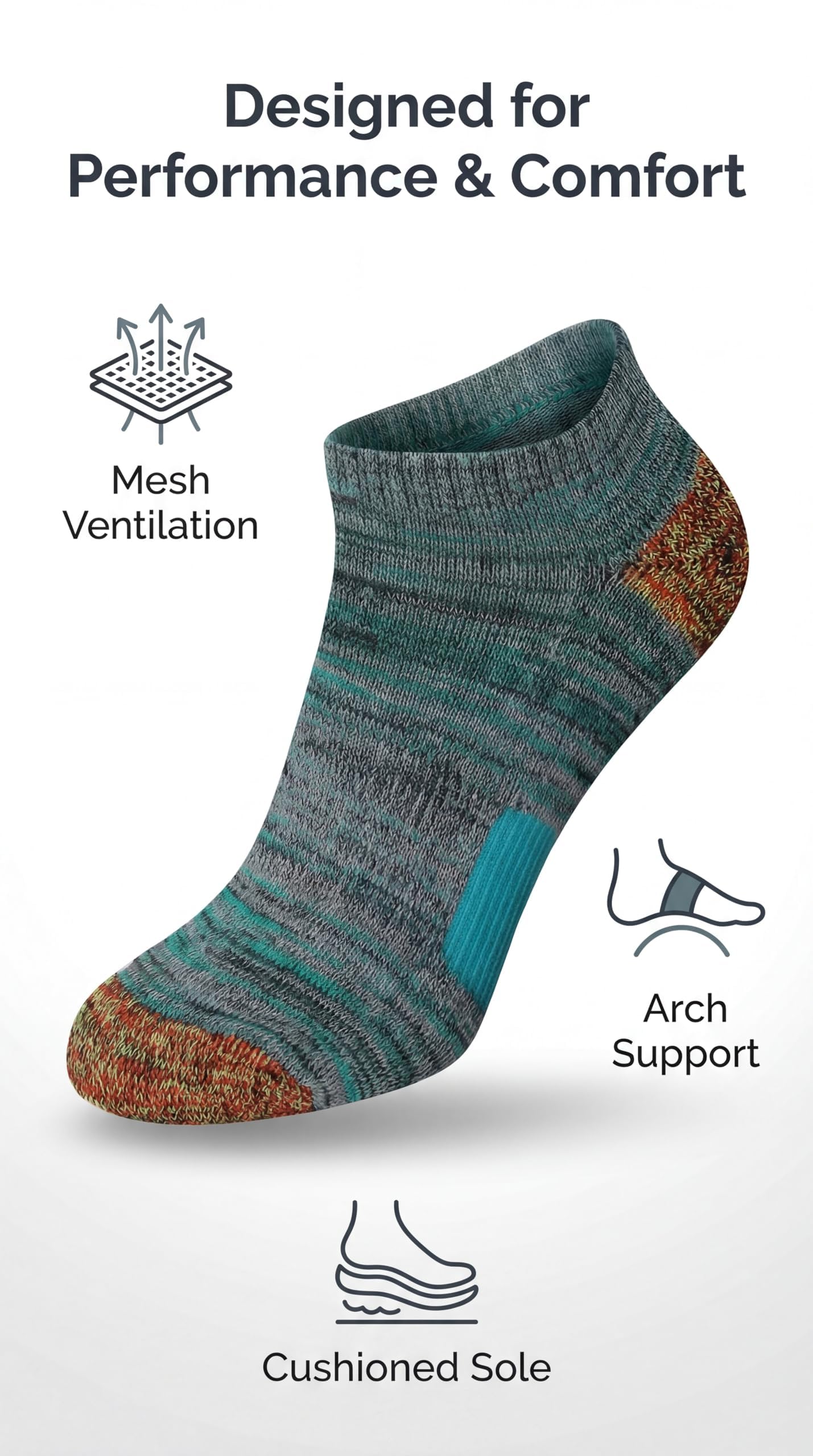 A single low-cut athletic sock shown on a white background with marketing text and feature icons for mesh ventilation, arch support, and cushioned sole.