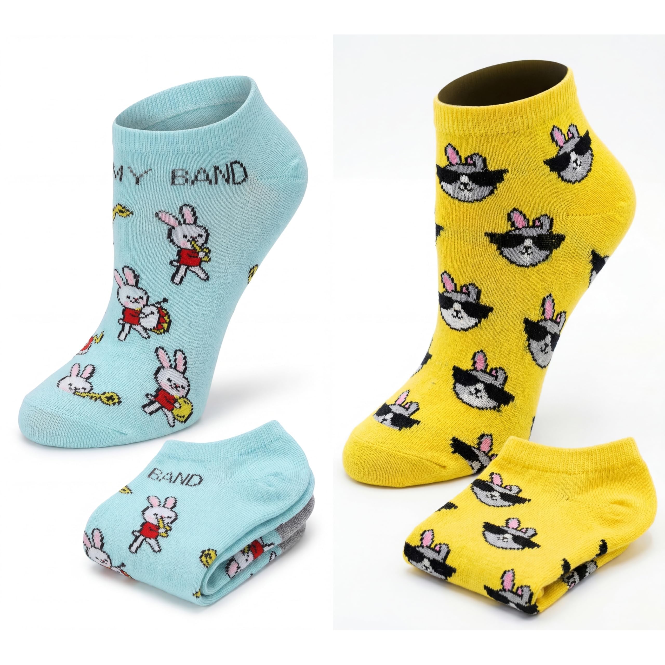 Four low-cut socks shown on a white background: two light blue socks with rabbit prints and the words 'MY BAND' on one sock, and two yellow socks with a repeating black-and-white bunny face wearing sunglasses. No person or real environment is present.