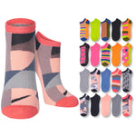 A pair of low-cut socks with a geometric patchwork pattern in pink, gray, and navy, shown alongside a grid of multiple color and pattern options on a white background.