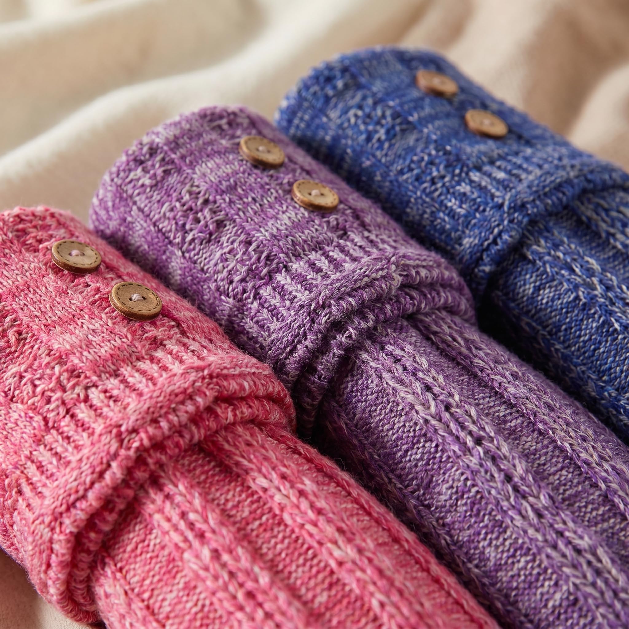 Three folded knit cuff sweaters in pink, purple, and blue are arranged diagonally on a soft beige fabric background. Each cuff has two small round wooden buttons.