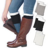 Tipi Toe Women's 3 Pairs Elegant Monochrome Trio White Grey Navy Blue Knitted Leg Warmer Boot Cuffs With Fleece Fuzzy Lining