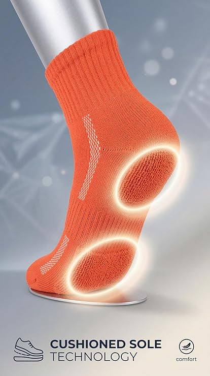 Orange sock with cushioned sole technology on a gray background