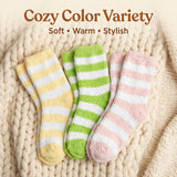 Women's Pink Green Yellow Striped Fuzzy Crew Socks - 3 Pairs