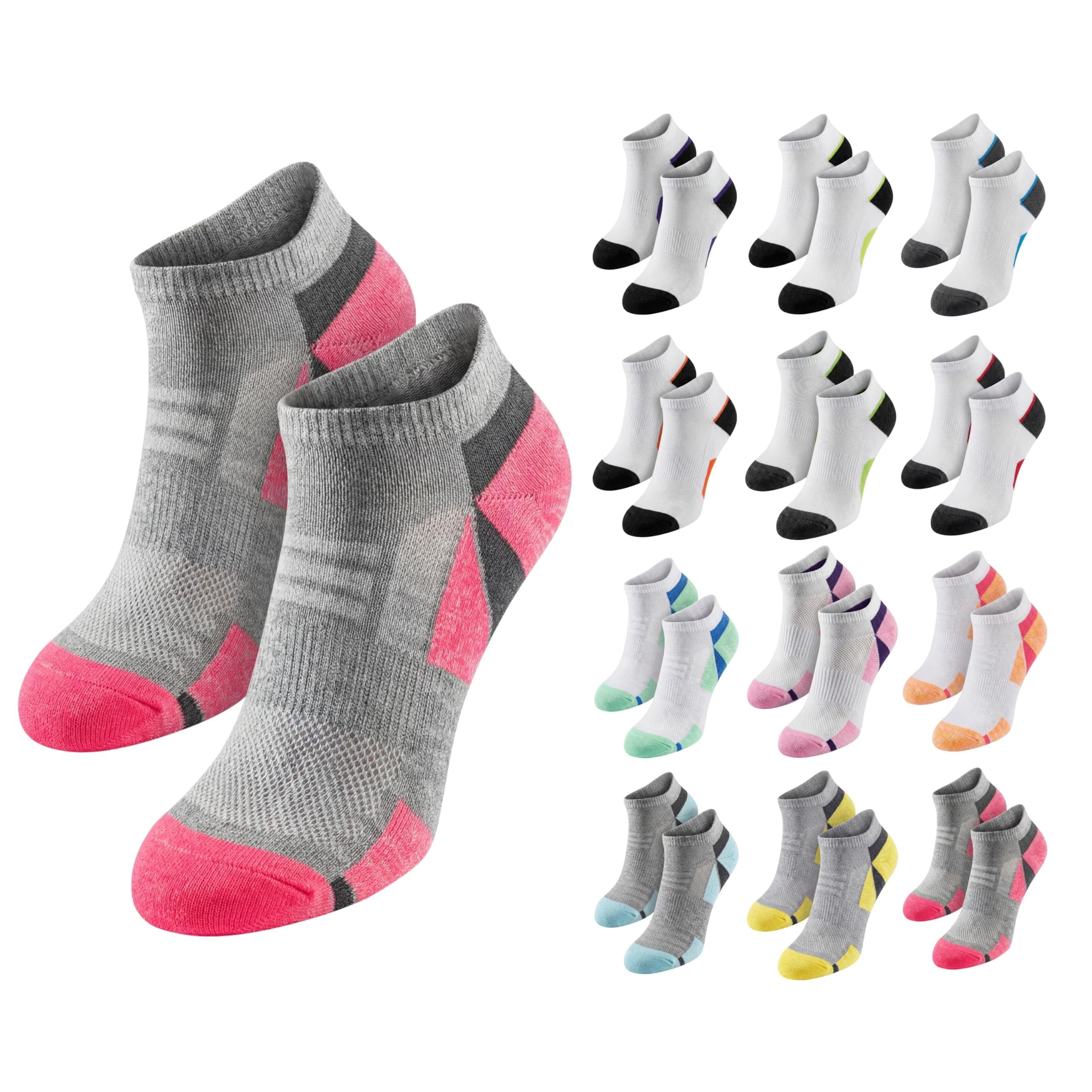 Collection of socks including gray and pink ones, and various colorful pairs on a white background.