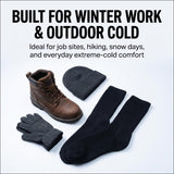 A set of winter work and outdoor apparel laid out on a light gray background: a brown lace-up boot, black ribbed socks, dark gray knit beanie, and dark gray knit glove, with bold text above reading 'BUILT FOR WINTER WORK & OUTDOOR COLD'.