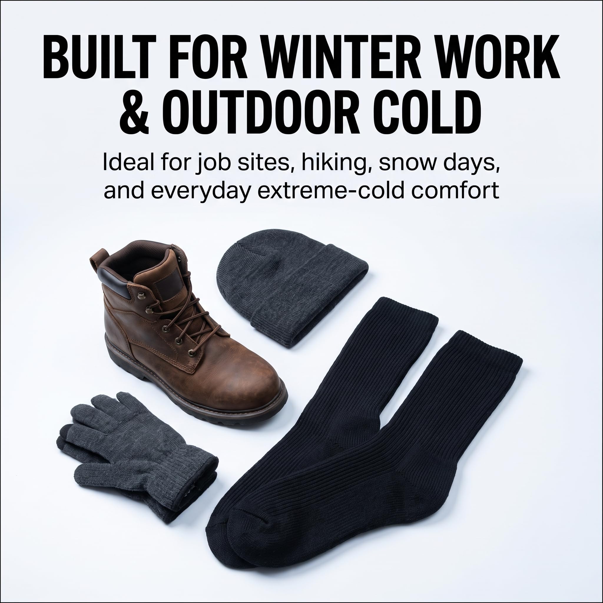 A set of winter work and outdoor apparel laid out on a light gray background: a brown lace-up boot, black ribbed socks, dark gray knit beanie, and dark gray knit glove, with bold text above reading 'BUILT FOR WINTER WORK & OUTDOOR COLD'.