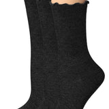Tipi Toe Womens Black Crew Length Turn-Cuff Solid Lettuce Edge Lace Ruffle Socks