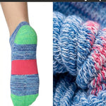 Colorful sock with text 'Cloud-Like Comfort in Every Step' and close-up of textured fabric.