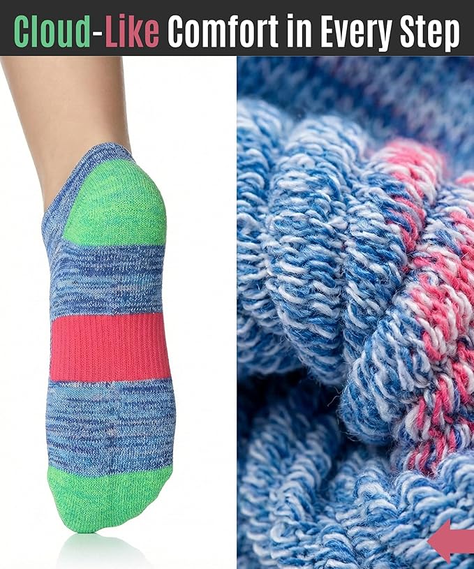 Colorful sock with text 'Cloud-Like Comfort in Every Step' and close-up of textured fabric.