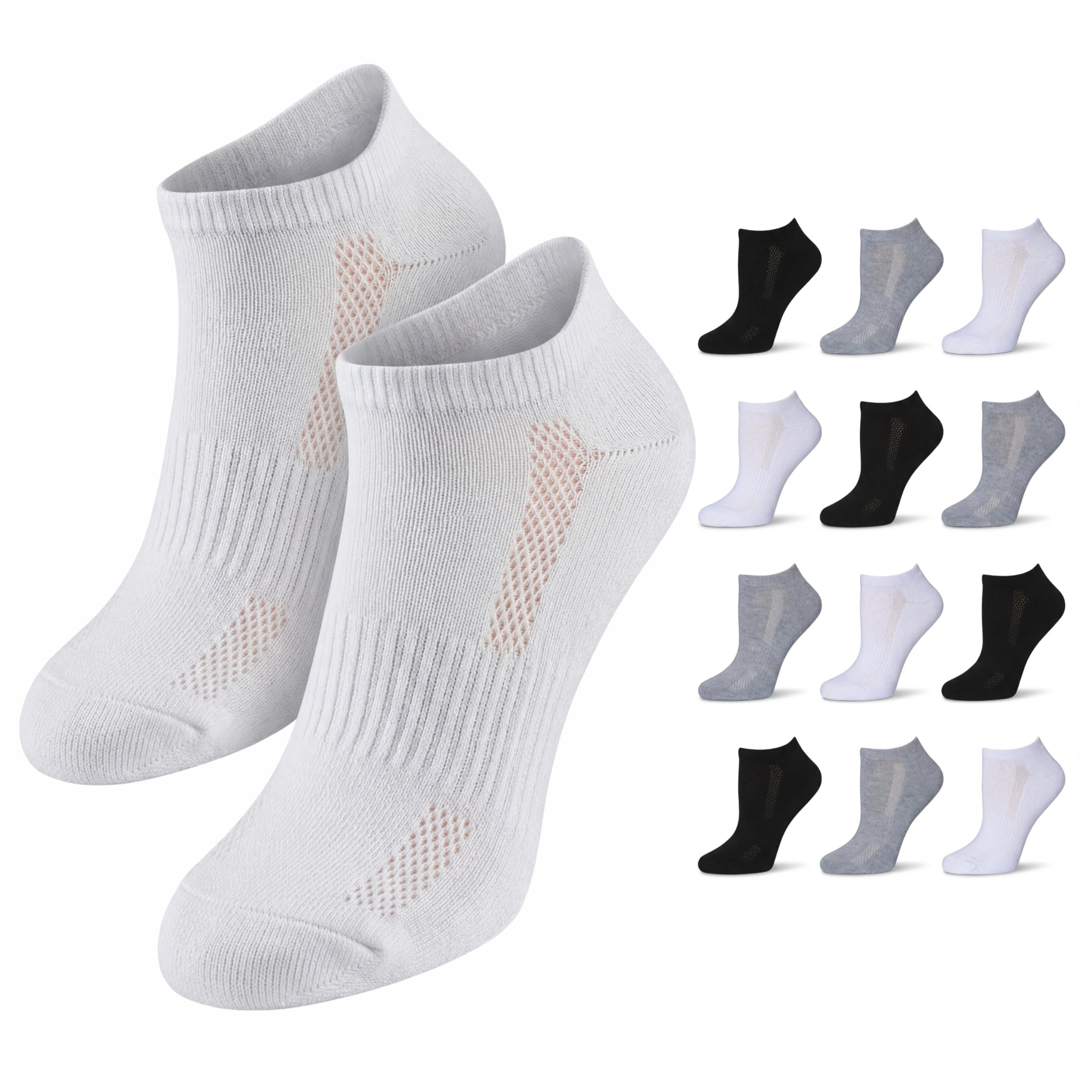 White ankle socks with grid pattern on a white background, with additional pairs of black, gray, and white socks displayed below.