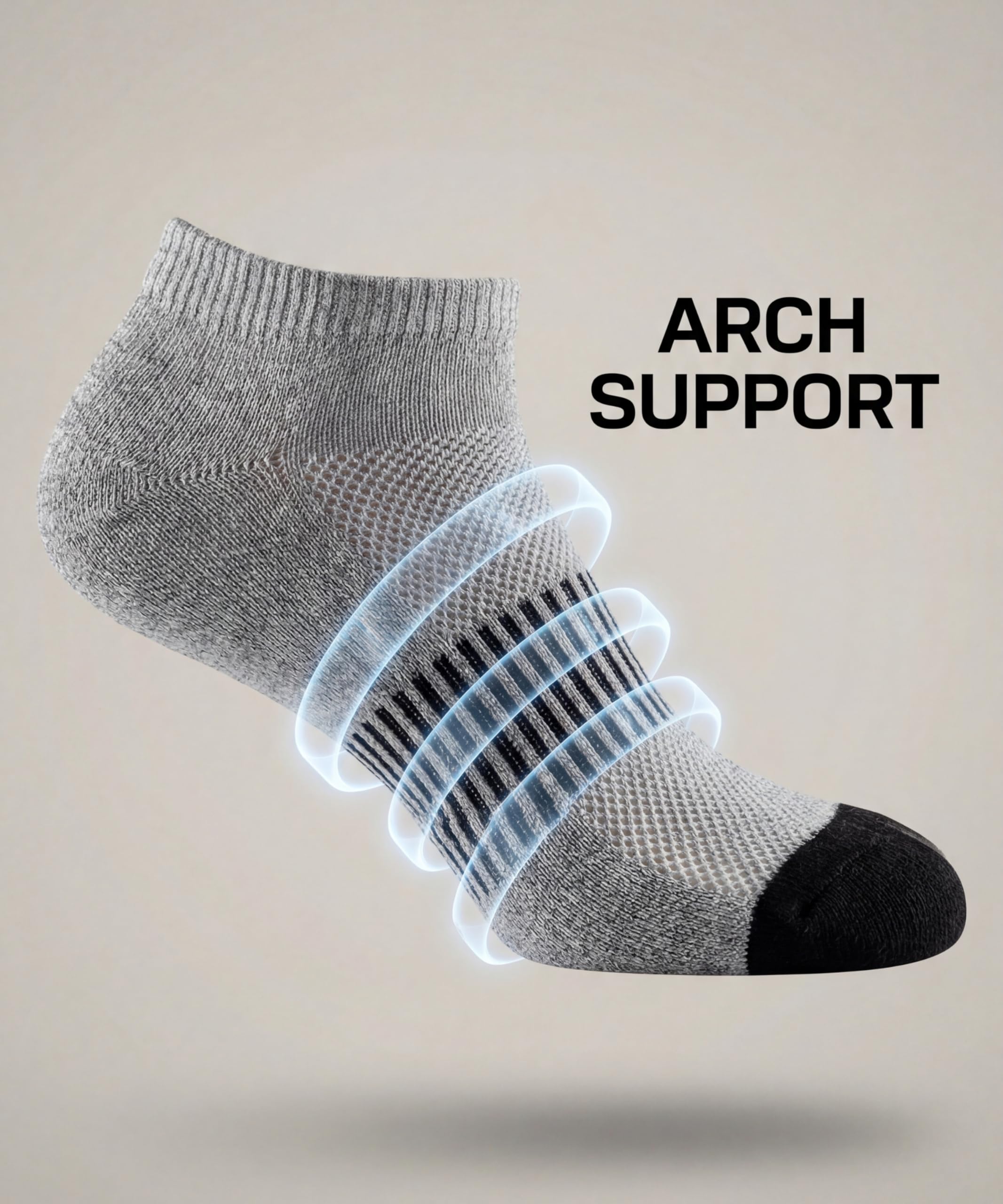 Gray ankle sock with arch support on a beige background