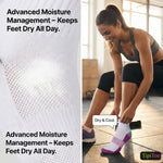 Woman putting on socks with text about advanced moisture management