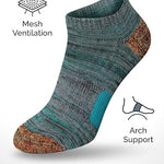 Teal sock with brown accents on a white background, featuring text and icons about performance and comfort.