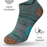 Teal sock with brown accents on a white background, featuring text and icons about performance and comfort.